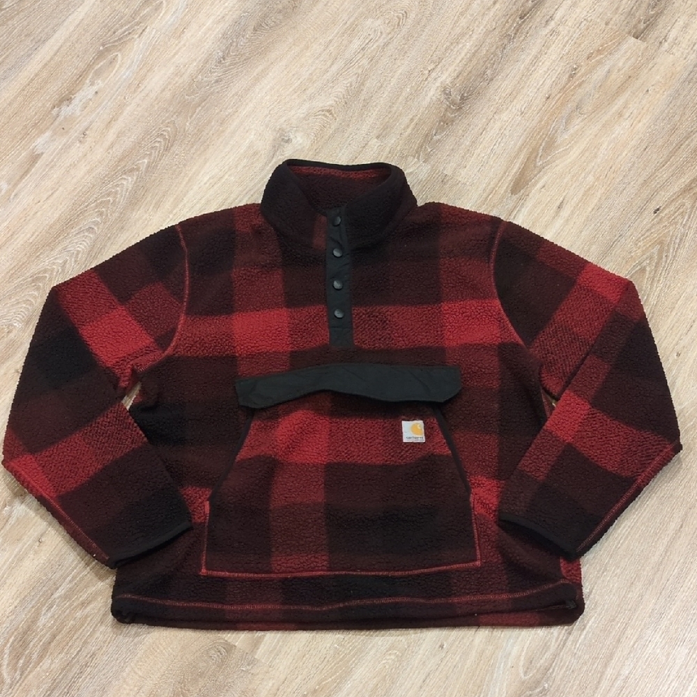 ❤️🖤🧥Carhartt Red and Black Plaid Sherpa Snap Pullover Women's size Large❤️🖤🧥